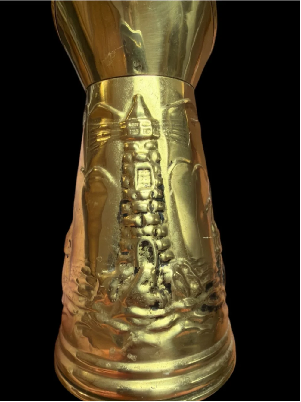 Vintage Brass Nautical Pitcher Tall Ship & Lighthouse Coastal Decor 6.5”